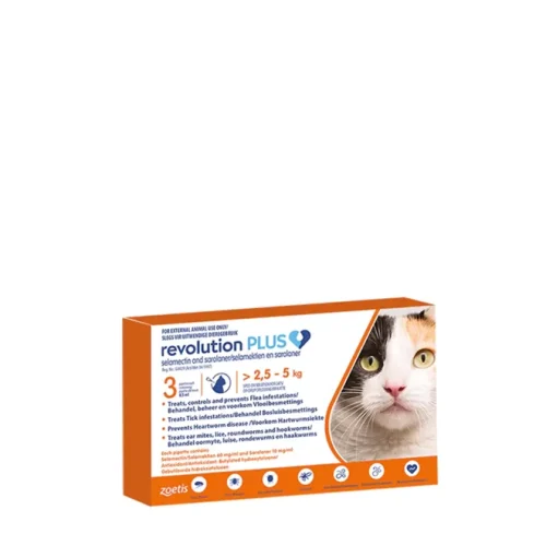 Revolution Plus Cat Tick, Flea and Worm Spot-On Treatment 2.5kg-5kg Orange Pack of 3's